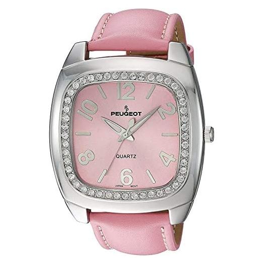 Peugeot Women's Crystal Bezel Boyfriend Watch, Easy to Read Dial with Colorful Leather Strap