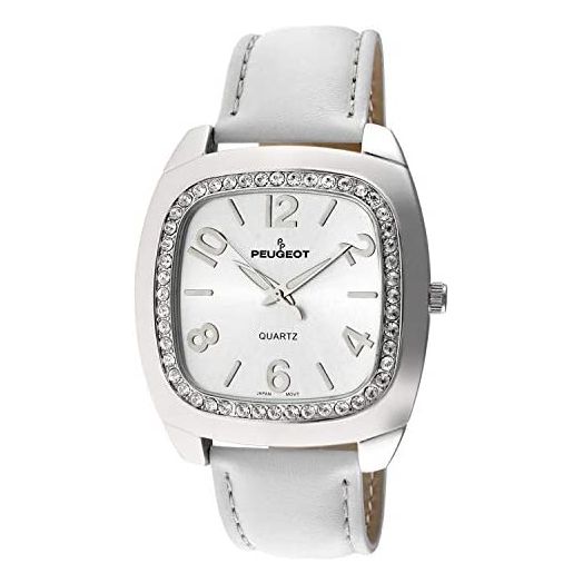PP Peugeot Women's Crystal Bezel Boyfriend Size Watch, Easy to Read Dial with Colorful Leather Strap