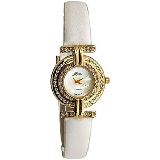 Pierre Jacquard Women's Gold Plated Watch with Crystal Diamond Bezel and White Leather Strap
