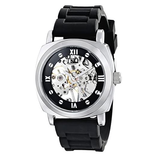 TKO ORLOGI Women's TK627BK See Through Mechanical Skeleton Hand with Black Rubber Band Watch