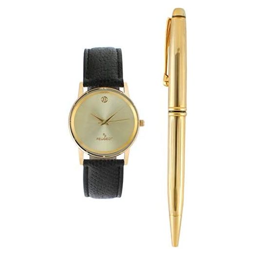 PP Peugeot Men's Designer Watch and Pen Gift Set with Black Genuine Leather Strap