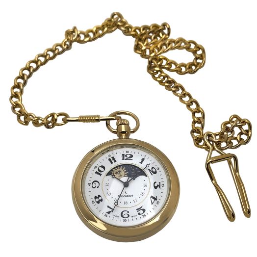 Peugeot Men's 14Kt Gold Plated Vintage Moonphase Pocket Watch with Chain, 40mm Open Face, Engravable with Easy to Read Roman Numbers