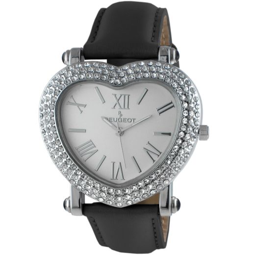 Peugeot Womens Heart Shaped Wrist Watch with Crystal Studded Case & Black Leather Strap