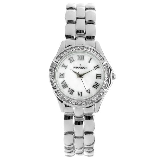 Peugeot Women's Silver-Tone Bracelet Watch, Swarovski Crystal Bezel Wrist Watch for Women