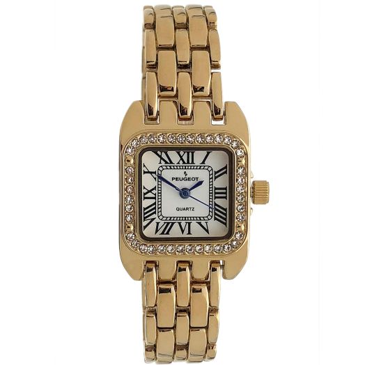 Peugeot Women's Tank Shape Watch with Panther Link Bracelet, Dress Watch with Crystal Bezel and Roman Numeral Dial