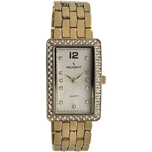 Peugeot Women's Tank Shape Wrist Watch Analog with Link Bracelet with Crystal Bezel