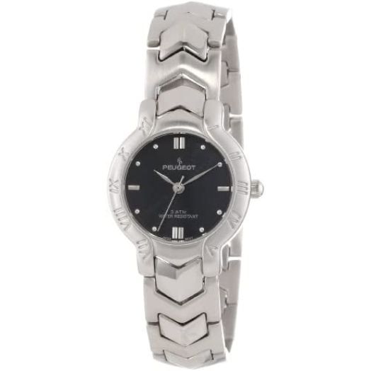 Peugeot Women's Silver Tone Everyday Wrist Watch - Water Resistant with Black Dial and Link Bracelet