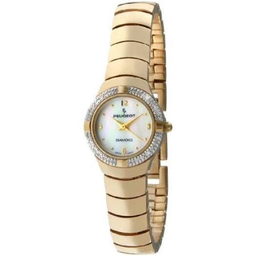Peugeot Ladies Goldtone .10c Diamond Bezel Bracelet Watch with a Round Dial and Jewelery Style Self Adjustable Bracelet