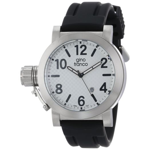Gino Franco Men's Round Stainless Steel Watch with Calendar Window and Genuine Leather Strap