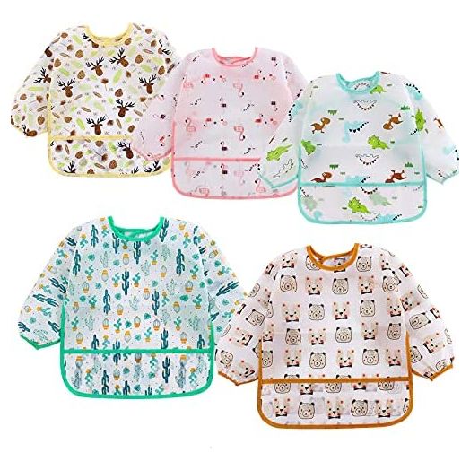 HaimoBurg 5 Pcs Long Sleeved Baby Toddler Bibs Waterproof Sleeved Bib 3 - 24 Months