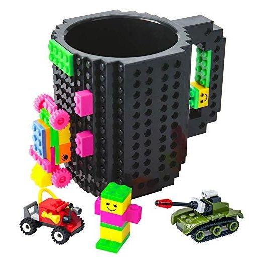 Build-on Brick Mug,Funny Novelty Coffee Mug,Creative DIY Building Blocks Cup,Birthday Party Cups for Kids,Unique Gifts for Christmas,Black
