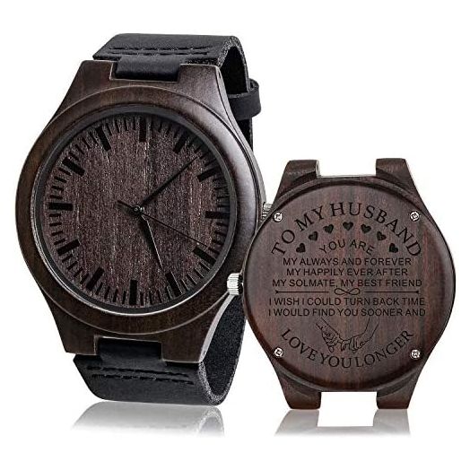 Custom Engraved Mens Vintage Analog Quartz Wooden Wrist Watches Handmade Casual Men Watch with Cowhide Leather Strap Personalized Gifts for Men Husband Boyfriend Birthday Christmas