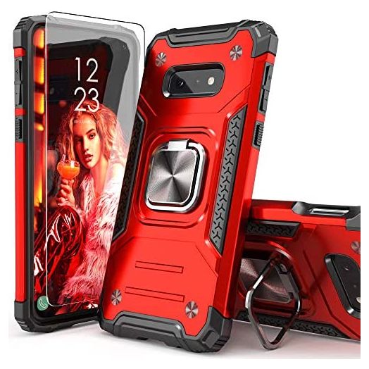 IDYStar Galaxy S10E Case with Tempered Glass Screen Protector, Galaxy S10E Case,Hybrid Drop Test Cover with Car Mount Kickstand Slim Fit Protective Phone Case for Samsung Galaxy S10E, Red