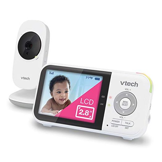 VTech VM819 Video Baby Monitor with 19Hour Battery Life 1000ft Long Range Auto Night Vision 2.8” Screen 2Way Audio Talk Temperature Sensor Power Saving Mode and Lullabies, White