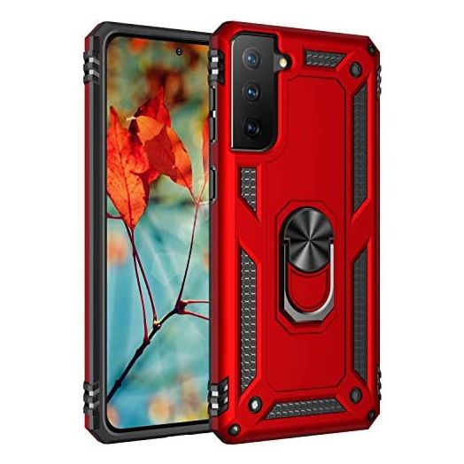 Military Grade Drop Impact for Samsung Galaxy S21 FE Case Galaxy S21 FE 5G Case 360 Metal Rotating Ring Kickstand Holder Armor Heavy Duty Shockproof Cover for Galaxy S21 FE Phone Case (Red)