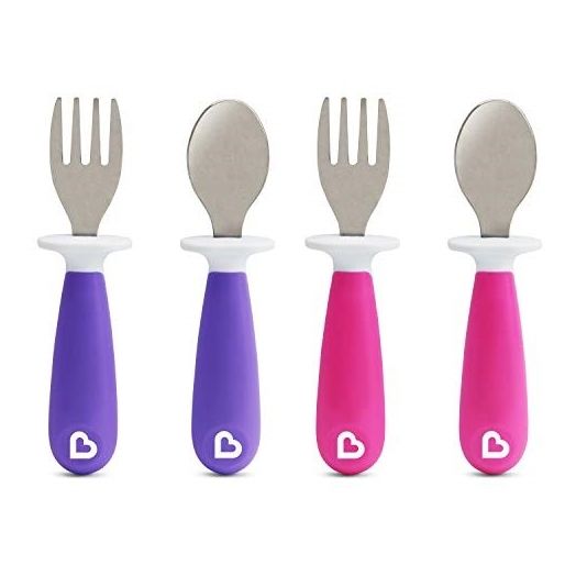 Munchkin Raise Toddler Fork and Spoon, 4 Pack, Pink/Purple, 12+ months