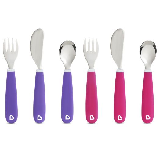 Munchkin Splash Toddler Fork, Knife and Spoon Set, 6 Pack, Pink/Purple, 18+ Months