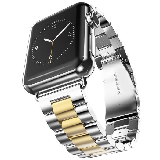 Band Compatible with Apple Watch Stainless Steel Wristband Metal Buckle Clasp iWatch 38mm 40mm 41mm Strap Bracelet for Apple Watch Series 7/6/5/4/3/2/1 Sports Edition (Silver/Gold, 38/40/41MM)