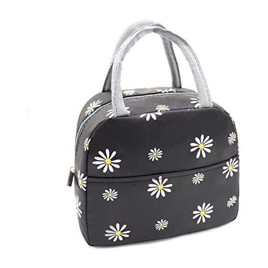 Sonuimy Insulated Lunch Bag Women Girls, Reusable Cute Tote lunch box for Adult & Kids, Leakproof Cooler Lunch Bags for Work Office Travel School Picnic (Black with White Daisy)