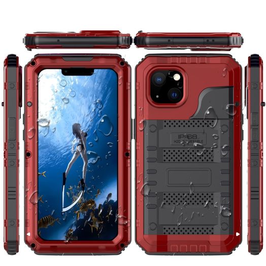 Waterproof Case for iPhone 14 Metal Case Heavy Duty Case Full Body Dustproof Dropproof Aluminum Alloy Case with Silicone Built-in Screen Protector (Red_Waterproof, for iPhone 14)