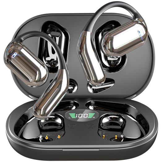 EUQQ Open Ear Bluetooth 5.4 Headphones, Wireless Earbuds Sport Over Earphones Built-in Mic with Ear Hooks 50H Playtime Ear Buds LED Display Charging Case, Waterproof Design for Running Fitness, Black