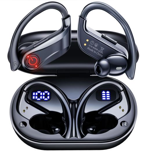 Wireless Earbuds Bluetooth 5.3 Sport Ear Buds Wireless Headphones 120H Playtime, Over-Ear Stereo Bass Ear Phone Built-in Microphone with Earhooks, IPX7 Waterproof, Dual Power Display for Sport Black