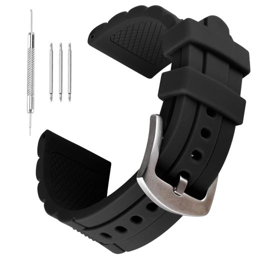 23mm Black Silicone Rubber Diver Watch Band Waterproof Sport Stainless Steel Buckle