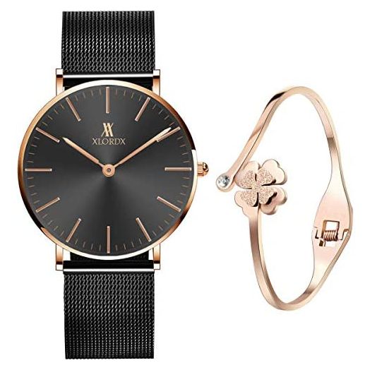 XLORDX Women's Rose Gold Wrist Watch Quartz Stainless Steel Mesh Band + Rosegold Bracelet