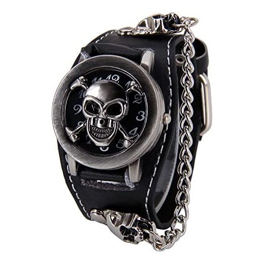 Punk Skull Watch for Men Women Black Wide Leather Cuff Band Watch Clamshell Cool Style Wrist Watches Gift