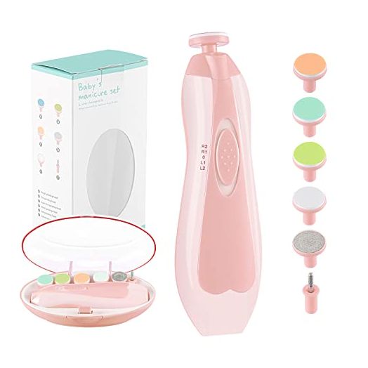 Zooawa Baby Nail Trimmer Electric Nail File Kit, Safe Baby Fingernail Clippers Nail Cutter Newborn Nail Clippers Baby Nail Care Set for Infant Kids Adult Toes + Fingernails, with LED Light, Pink