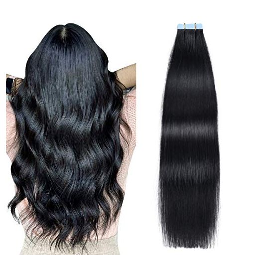 SUYYA Tape in Hair Extensions Human Hair 18 inches 50g/pack 20pcs Straight Seamless Skin Weft Jet Black Tape