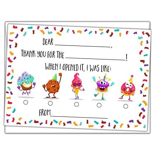 Kids Fill in the Blank Thank You Cards - 25 Cards Including Envelopes - Fun Gender Neutral Thank You Notes For Boys or Girls
