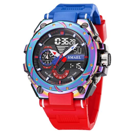 Mens Watches Sport Military Watch Stylish Outdoor Sports Analog Digital LED 50M Waterproof Dual Display Tactical Army Wriswatches (D-Red blue)