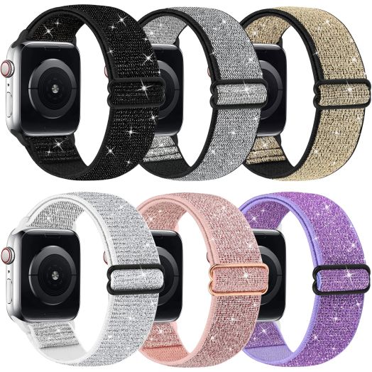 Bling Nylon Stretchy Bands Compatible With Apple Watch Bands 38mm 40mm 41mm For Women Girls, Adjustable Braided Loop Sport Bands For iWatch Series 9 8 7 6 SE 5 4 3 2 1, 6 Pack Sparkly Shiny Black