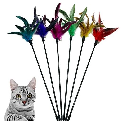 Cat Wand Toy Feather Stick Cat Toys, 6 PCS Cat Feathers Wand Toy, Interactive Cat Toy Feather Wand for Indoor Cats