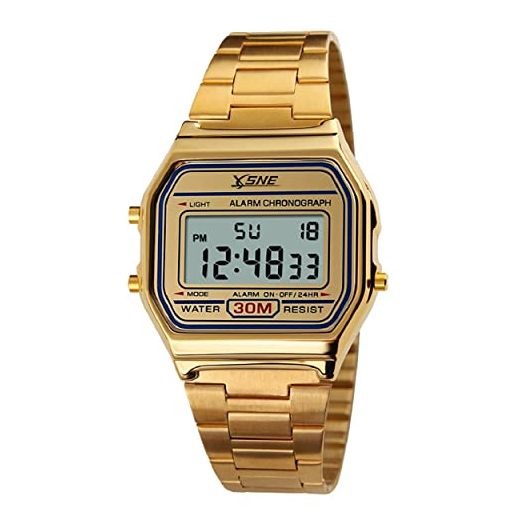 Digital Sports Watch Men's Women Water Resistant Outdoor Stainless Steel Band Electronic Square LED Back Light Wristwatch Gold 1123