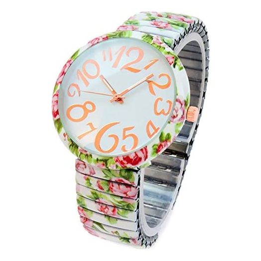 White Roses Floral Print Large Face Easy to Read Stretch Band Extension Women's Watch