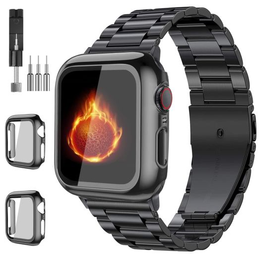 Bekomo Compatible with Apple Watch Band 49mm 44mm 45mm 42mm 40mm 38mm 41mm, Stainless Steel Metal XL large iWatch Bands with 2 Pack Tempered Glass Screen Case for Series Ultra 87654321SE for