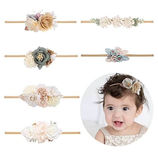 Baby Girl Flower Headband 6 PCS Elastic Hairbands Handmade Nylon Bows Headbands Chic Floral Hair Accessories Kids Gifts for Newborn Infant Toddlers