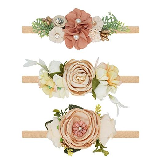 WNYUJOY Baby Girl Flower Headbands Set, 3pcs Elastic Nylon Floral Hair Band, Bows Wrap for Infant Newborn Toddler