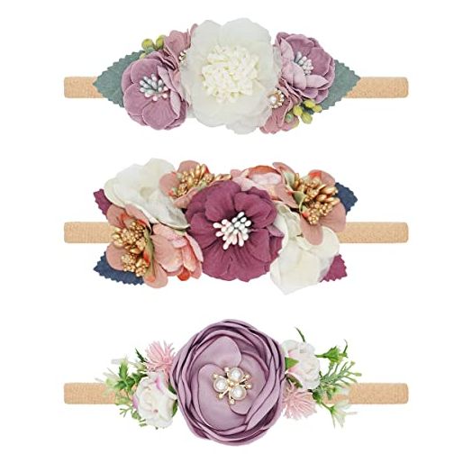 WNYUJOY Baby Girl Flower Headbands Set, 3pcs Elastic Nylon Floral Hair Band, Bows Wrap for Infant Newborn Toddler
