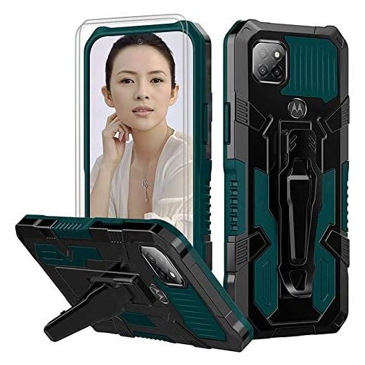 for Motorola One 5G Ace Case with Tempered Glass Screen Protector [2 Pack] Military Grade Hard Plastic Hybrid Rugged Heavy Duty Anti-Fall Bumper Cover with Belt Clip for Moto One 5G Ace Case -Green