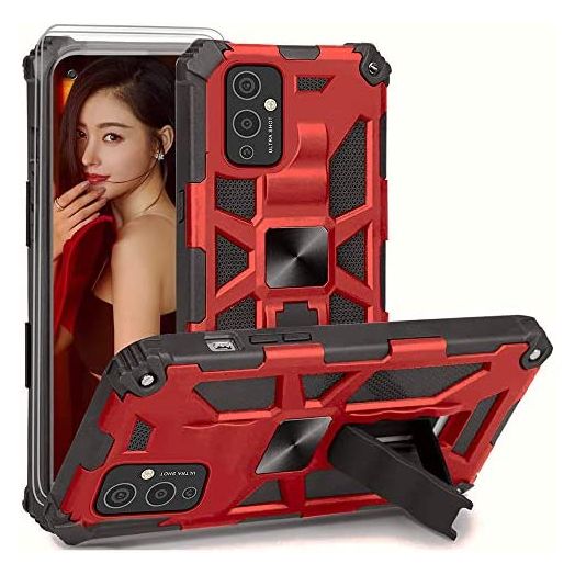 for OnePlus 9 Case Military-Grade Durable Anti-Drop Mobile Phone Case with Tempered Glass Screen Protector [2 Pack] Support Car Magnetic Bracket 1+9 Case One Plus 9 Case with Built-in Kickstand -RED