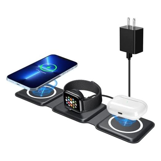 Wireless Charger 3 in 1, Magnetic Foldable Wireless Charging Station for iPhone 13/12/11 Pro Max/X/Xs Max/8/8 Plus, AirPods 3/2/pro, iWatch Series 7/6/5/SE/4/3/2, and Samsung Phones(Black)