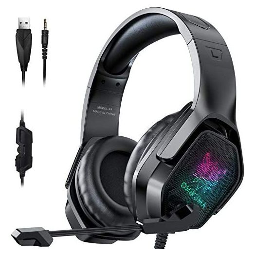 Gaming Headset with Microphone, Noise Canceling Headphones with 3D Surround Sound Stereo, Soft Earmuff & RGB LED Light, Over-Ear Game Headphones for PC, PS4, Xbox One, PS5, Mac, Laptop-Black