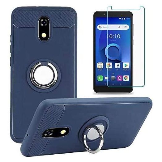 TracFone BLU View 2 Case with Tempered Glass Screen Protector, Rotating Ring [Magnetic Car Mount] [360°Kickstand] Holder [Fashion] Soft TPU Protection Cover Case for BLU View 2 (Blue)
