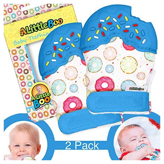 A Little Boo Baby Teething Mitten - Teether Glove - Infants Newborn Teething Toy [2 Pack] [Blue]