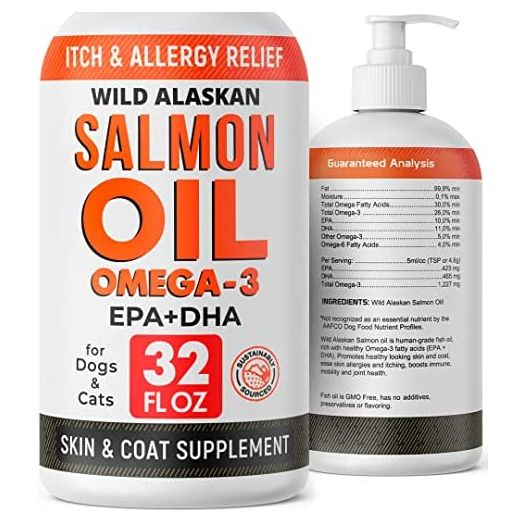 32oz Salmon Oil Omega 3 for Dogs - Fish Oil for Pets - Joint Health - Allergy Relief - Itch Relief, Shedding - Skin and Coat Supplement – Wild Alaskan Salmon Oil - Omega 3 6 9 - EPA & DHA Fatty Acids