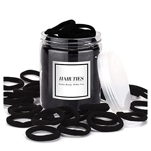 iFwevs 50PCS Black Hair Ties, Cotton Seamless Ponytail Holders, No Damage Elastics Hair Bands for Thick Heavy