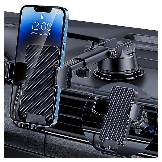 Phone Holder Car [Military Grade Suction Ultra Strong Base] Cell Phone Car Holder 3 in 1 Phone Mount for Car Dashboard Windshield Air Vent Hands-Free Car Phone Holders for iPhone Android Phones